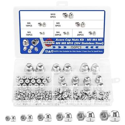 JORREP 150PCS Acorn Nuts, M3-M10, 304 SS Dome Caps for Mechanical Auto | M3/4/5/6/8/10, Rust resistance, For machinery, furniture, facilitie repair, Covers exposed screw threads, Divided labeled box