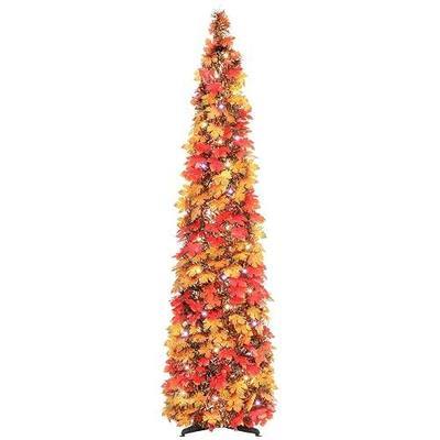 N&T NIETING Fall Tree Home Decor, 5FT Pop Up Tree with Lights & Timer & 8 Modes, Collapsible Tinsel Pencil Tree for Autumn Harvest Porch Thanksgiving Party Decorations, Fall Maple Leaves