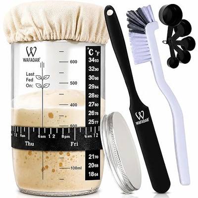 Upgraded Sourdough Starter Jar Kit –24 oz Glass Jar with Date Marked Feeding Band, Thermometer, Scraper, Cleaning Brush & Measuring Cups, Complete Bread Baking Supplies