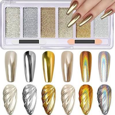 Gold Silver Chrome Nail Powder, 6 Colors Holographic Unicorn Iridescent Nail Chrome Powder, Metallic Mirror Effect Light Gold Champagne Chrome Powder Palette Pigment Glitter for Nail Art