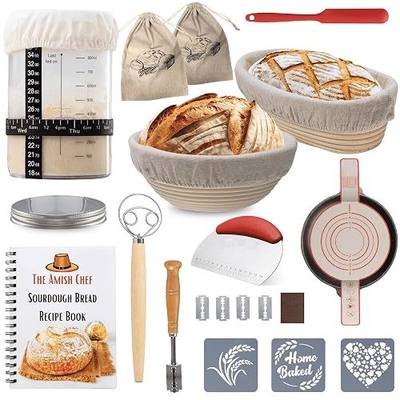 Complete Sourdough Bread Starter Kit, Glass Sourdough Starter Jar Kit & Tons of Sourdough Bread Baking Supplies - Sourdough Starter Kit Includes Sourdough Jar, Banneton Basket (2x Baskets and Jar)