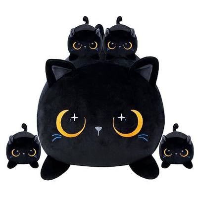 Black Cat Plush Cute Cat Stuffed Animal with 4 Baby Soft Pillow Christmas, Thanksgiving, Birthday Gift for Girls Boys Kids Decor
