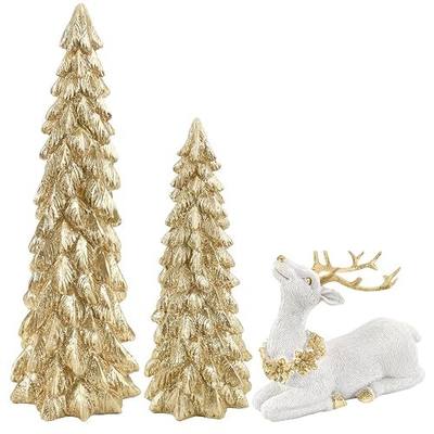 3 Pack Christmas Trees and Reindeer Figurines Decoration- 2 Glittered Christmas Tree Statues and 1 Deer Vintage Christmas Decor Set, Resin Ornaments Tabletop Shelf Office Display Stand Indoor(Gold)
