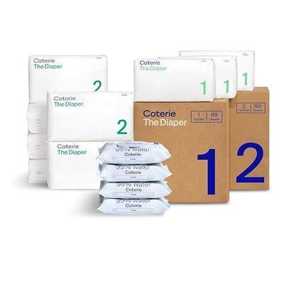 Coterie Baby Wipes + Diapers Kit, Size 1 & Size 2 Diapers, 4-Pack Wipes | Includes Size 1 (99 ct), Size 2 (186 ct), 4 pack (224 ct) wipes, 99% water, plant based, hypoallergenic for sensitive skin