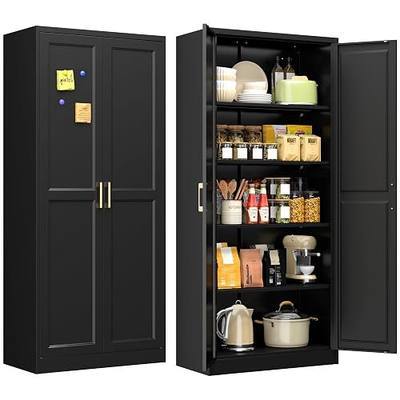 71" Tall Black Metal Storage Cabinet with Doors, Heavy Duty | Freestanding Steel Kitchen Pantry Cabinet, 4 Adjustable Shelves (180 Lbs Load), Tall Cabinets for Home, Office and Garage