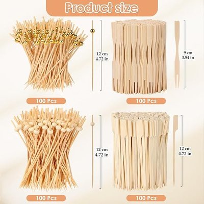 400PCS Cocktail Picks, Sublaga 4.7" Eco-friendly Natural Bamboo Ball Food Picks, Fancy Toothpicks for Appetizers, Drinks Party Fruit, Bamboo Gold Ball Food Sticks Charcuterie Boards Accessories
