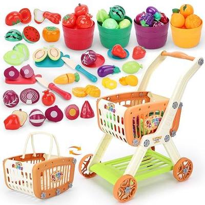Ming You Kids Shopping Cart with Cutting Play Food for Kids 3-5 Year Old | 2-in-1 Toy Grocery Cart for Kids Shopping, Kitchen & Color Sorting Play, Develops Imagination, Color Recognition for Ages 3