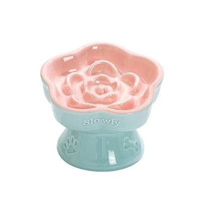 Ceramic Raised Slow Feeder Cat Bowl, Elevated Tilted Anti-Vomiting Pet Bowl for Cats & Small Dogs - Cute Flower Design, Non-Slip Base, Shallow Wide Dish for Dry/Wet Food (Pink, 5.8 Inch)