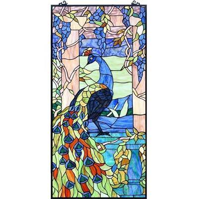 Bieye W10096 Peacock in Garden Tiffany Style Stained Glass Window Panel for Home Decor (Blue, 19.5Wx40.5H Rectangular)