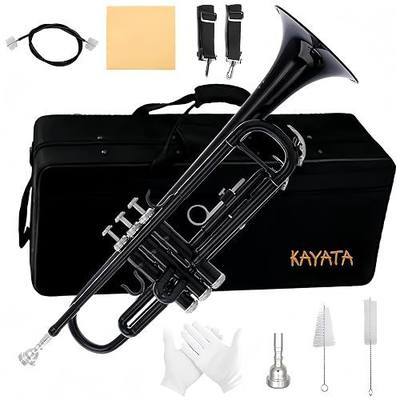 Gold Copper Trumpet with Phosphor Copper Leadpipe.Student/School Bb Trumpet .7C Mouthpiece,Cloth,Gloves,ABS Hard Shell BbTrumpet Case. (Black)