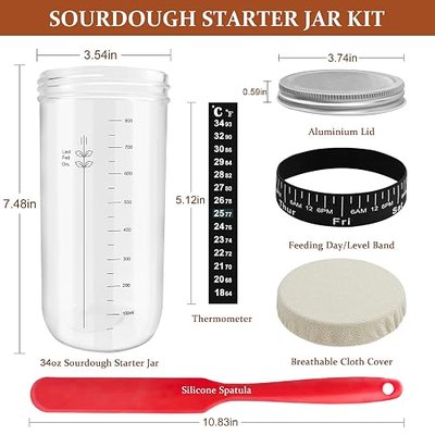 Sourdough Starter Kit for Homemade Bread: 34 oz Glass Sour dough Starter Jar with Date Marked Feeding Band, Thermometer, Silicone Spatula, Metal Lid & Cloth Cover for Perfect Bread Baking