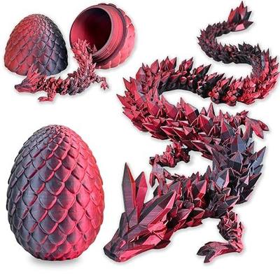 12" 3D Printed Dragon Eggs with Dragon, Articulated 3D Fidget Toys for Kids | Crystal 3D Dragon Toys for Boys Girls, Small 3d Printed Animals, Dino Dinosaur Eggs Toys, Easter Basket Stuffers(Black Red)