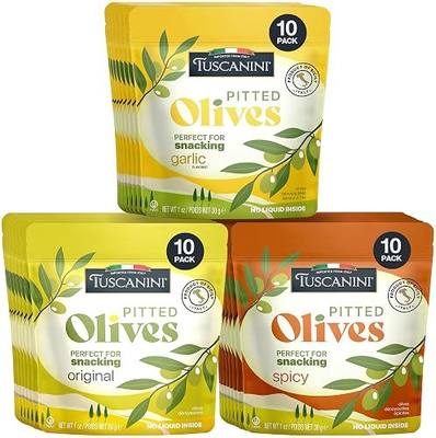Tuscanini Italian Pitted Olive Snack Packs | Variety Pack | 1 oz (30 Pack) | Orignal, Garlic & Spicy Flavors | Convenient Olive Pouches for Snacking | Salad Topper | Gluten Free, Vegan, Keto Friendly | Pitted Olives | Great for Travel, Picnic and Office Snacks | Kosher