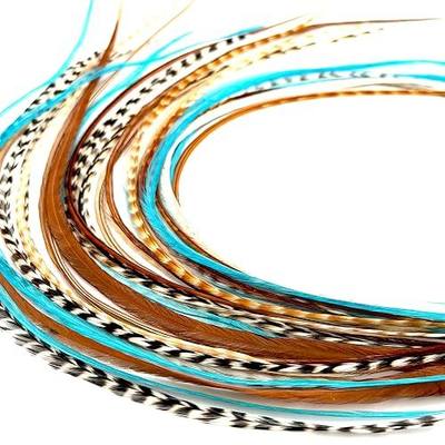 Feather Headz 50 Natural & Turquoise Color Real Rooster Feathers - 9'- 14' Long - DIY Hair Extension Kit - Microlink Installation - 50 Beads - Durable & Lightweight - Straight Hair