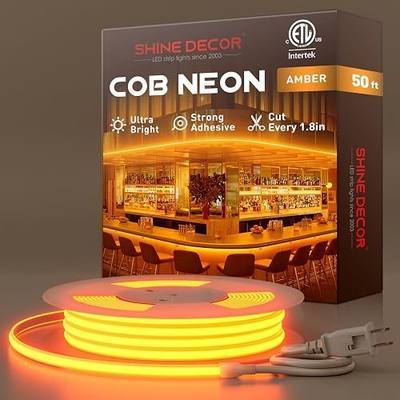 Shine Decor COB LED Rope Light AC 120V, 800lm Ultra Bright, IP65 Waterproof Cold-Resistant ETL Neon Strip, No Driver Tape Lighting for Home Commercial 10x4.5mm, Amber, 50ft