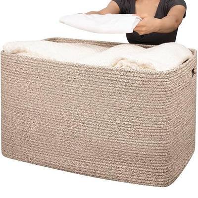 OIAHOMY 118L XXXLarge Cotton Rope Storage Basket, Oversized Blanket Basket, Used for Organizing Dirty Clothes in Living Room, Bedroom, Nursery, Dog Toy Storage Bins, 25" x 17" x 16",Brown variegated
