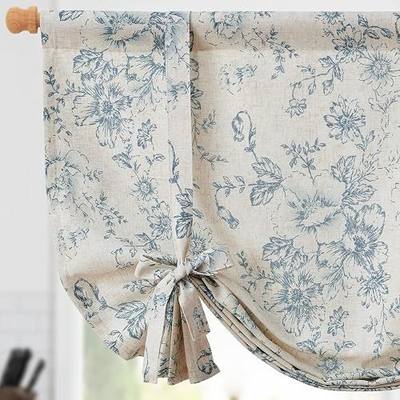jinchan Alice Linen Kitchen Window Valance, Tie up, 42x45, 1 Panel, Blue | Light filtering, linen blend, rod pocket, farmhouse style, rustic decor, kitchen, bathroom, laundry room, RV, small windows