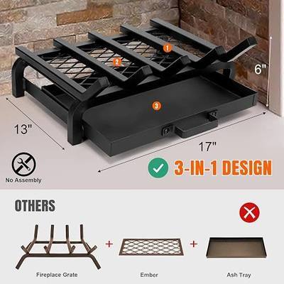 17 Inch Fireplace Grate with Ember & Ash Trays Pan | Wood Stove Log Grates Set, Heavy Duty, Rack Holder Pit, Indoor Outdoor, Chimney Hearth