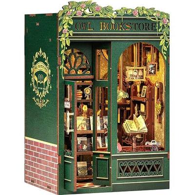 Fsolis Book Nook Kit Booknook Bookshop - OWL Bookstore | DIY Miniature House 3D Wooden Puzzles for Beginners, Bookshelf Diorama Building with Light, Gifts for Women Book Lovers