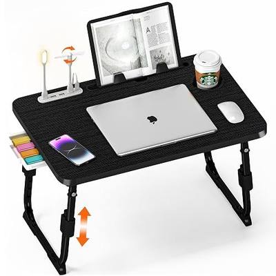 Lap Desk for Bed, Adjustable Laptop Desk with USB Charging Port, Storage Drawer & Bookshelf — Foldable Bed Desk for WFH & Students, 23.6" Desktop Fits 17" Laptop, Non-Slip, Black