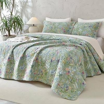 Lady Ann Oversized King Bedspreads 128x120 for Extra Bed, Green Flower Bird Butterfly Print Botanical Bedding, Lightweight 100% Cotton Quilted Coverlet Set with Pillow Shams for All Season, 3 PCS