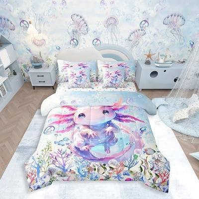 Feelyou Boys Girls Cute Axolotl Comforter Set with Sheets Queen Size, Ocean Sealife 7 Pieces Bedding Sets Kids Kawaii Bed in A Bag Cartoon Salamander Bed Set