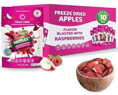 Happles Freeze Dried Apples with Raspberry Fruit Powder – 100% Natural, No Added Sugar, Healthy Low Calorie Apple Crisps Snack for Adults & Kids, Gluten Free, No Artificial Flavours (10 Pack)