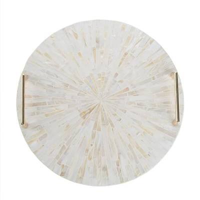 PEMAR Mother of Pearl Decorative Tray, 13"" Round with Gold Metal Handles, Vanity/Perfume/Trinket Tray, Catchall for Dresser, Bathroom, Vanity Table (White Sunlight)