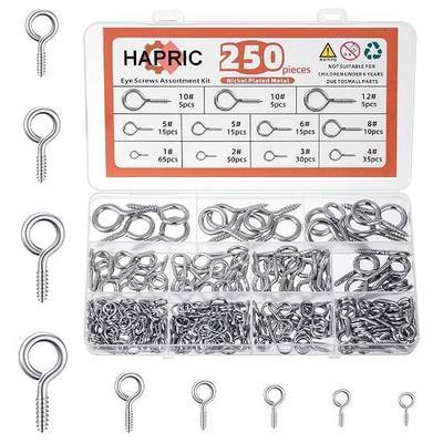 250 Pcs Eye Hook Screw, Screw Eyes 0.75"-1.75" Christmas Tree Stand Screws | Nickel Plated Steel, Self-Tapping Threads, 9-Size Organizer Box, For Ornaments, Picture Frames, Diy Hanging Use