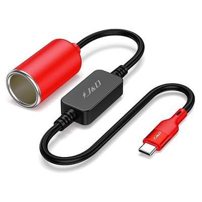 J&D USB C Male to 12V Car Cigarette Lighter Socket Female Converter Cable, 12V 18W Power Cable for Dash Cam, GPS, Car LED Light Strips, Red, 1 ft