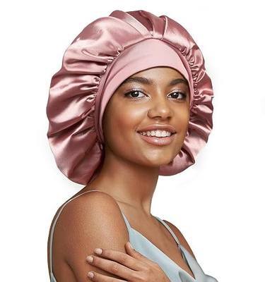 22 Momme 100% Mulberry Silk Lined Bonnet for Sleeping Women, Large Hair Bonnet for Long Curly Hair, Double Layer Hair Wrap with Soft Elastic Band, Non-Slip Sleep Cap, Pink