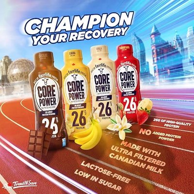 Core Power Protein Shake 26g Variety Pack - No Added Protein Powder with Electrolytes, Lactose-Free, Made with Ultra-Filtered Canadian Milk - Pack of 8 (2 Bottles of Banana, 2 Bottles of Chocolate, 2 Bottles of Strawberry Banana, 2 Bottles of Vanilla), 414mL/14 fl. oz. - Shipped from Canada by Trend