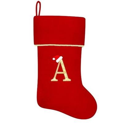 20 Inches Initial Monogram Red Christmas Stocking, Personalized Large Embroidered Letter Velvet Christmas Stocking with Gold Trim Decoration for Family Christmas Holiday Party Decor(Letter A)