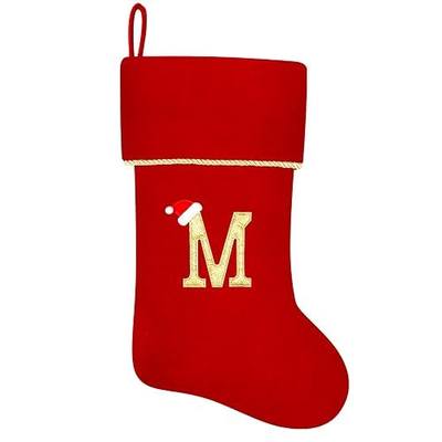 20 Inches Initial Monogram Red Christmas Stocking, Personalized Large Embroidered Letter Velvet Christmas Stocking with Gold Trim Decoration for Family Christmas Holiday Party Decor(Letter M)