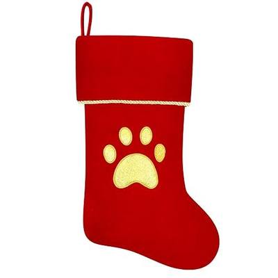 20 Inches Initial Monogram Red Christmas Stocking, Personalized Large Embroidered Pet Paw Velvet Christmas Stocking with Gold Trim Decoration for Family Christmas Holiday Party Decor(Paw)