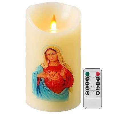 QQFCTOO LED Prayer Flameless Candle with Remote Timer, Battery Powered Candle, Religious Candle, Real Wax, for Home Altar, Church, Devotional,6" x 3.2"(Virgin Mary)