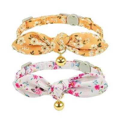 2 Pack Cotton Cat Collar, Removable Bowtie, Floral Pattern, Safety Breakaway Clasp, Adjustable for Cats.(Adult Cat, Yellow+White)