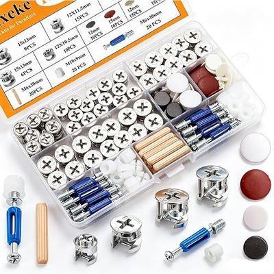 170PCS Cam Locks for Furniture,3-in-1 Eccentric Hardware Wheels,Furniture Fasteners & Connectors with Multi-Size Nuts,Bolts and Wood Dowel Pins-Assortment Kit for Furniture Assembly/Repair