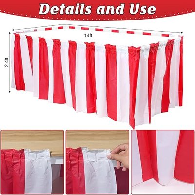 3 Pack Carnival Table Skirt Party Decorations, Red and White Striped Table Skirts, Disposable Table Decorations for Concession Stand Carnival Circus Themed Party Supplies Decorations, 2.4 x 14 Ft