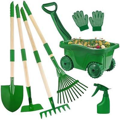 Duckura Kids Gardening Tools Set - 7pcs Wheelbarrow Set for Kids with Shovel, Rake, Leaf Rake, Summer Outdoor Yard Digging Weed Birthday Gifts Toys, Easter for Boys Girls Age 2 3+ Years(Green)