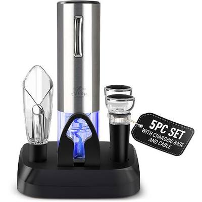 Zulay Kitchen Electric Wine Opener with Charging Base - Electric Wine Bottle Opener, Stainless Steel Wine Opener - Aerator Pourer, Foil Cutter & 2 Vacuum Stoppers - Silver