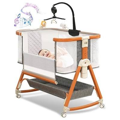 BLBBLBGDD 3 in 1 Bassinet, Baby Bassinets Bedside Sleeper with Musical Toy | 6 Adjustable Height Bedside Bassinet for Baby with Wheels and Storage Basket, 4-Sided Mesh Crib for Newborn 0-6 Months (Grey)