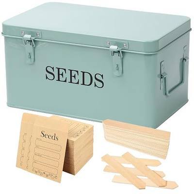 Large Modern Green Rectangular Metal Seed Storage Box with 4 Compartments and 40 Envelopes and 20 Bamboo Plant Labels