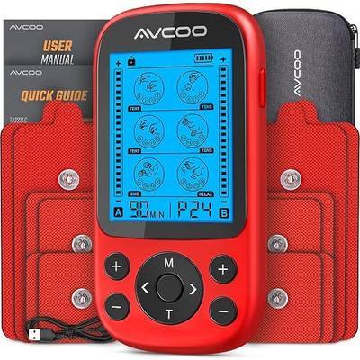 AVCOO 3-in-1 TENS Unit Muscle Stimulator for Pain Relief, 24 Modes, EVA Bag | Electronic Massager Machine with 40 Levels for Gradual Shoulder, Neck, Lower Back Pain Relief, Physical Therapy, 12 Pads, Red