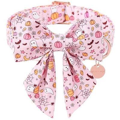 Halloween Dog Collar with Flower, Pink Halloween Puppy Flower Collar with Adjustable Metal Buckle,Fancy Halloween Dog Collar Bowtie Gift for Girl Boy Dog,M