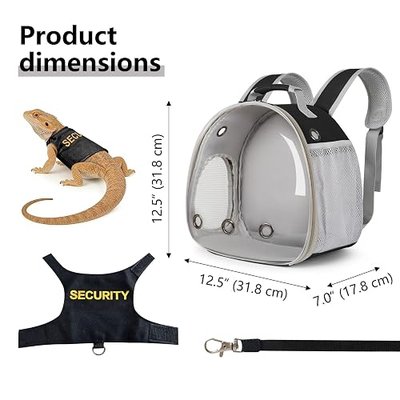 Bearded Dragon Carrier Backpack with Security Printing Harness Leash Set, Reptile Lizard Space Capsule Astronaut Clear Bubble Window Travel Carrier for Small Animal Guinea Pig(Black, Security Harness)