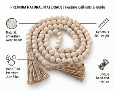 58" Decorative Beads Home Decor Wood Bead Garland | Boho Table Decor, Handcrafted Beaded Garland, Versatile for Home, Event, Gift, Boho Decorations