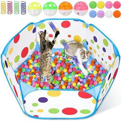 Palksky Ball Pit with 210 Toy Balls and 4 Spring Toys - Interactive Cat Toys for Bored Indoor Cats Self Play, Enrichment Toy for Fun and Exercise