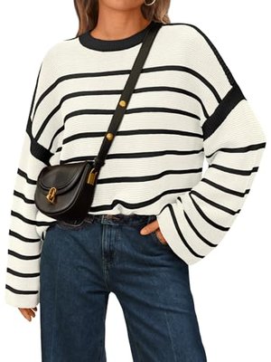 LILLUSORY Womens Striped Oversized Sweaters Fall 2024 Crew Neck Pullover Loose Ribbed Knit Color Block Sweater Jumper Tops White M