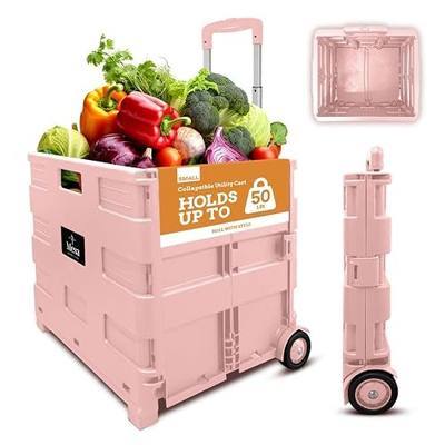 Inspired Living Ultra-Slim Rolling Collapsible Storage Pack-N-Roll Utility-carts, with Telescopic Handle, for Home, Garden, Shopping, Office, School use, Medium, Raspberry Pink